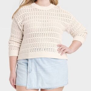 Women's Openwork Crewneck Pullover Sweater - Universal Thread Cream 4X